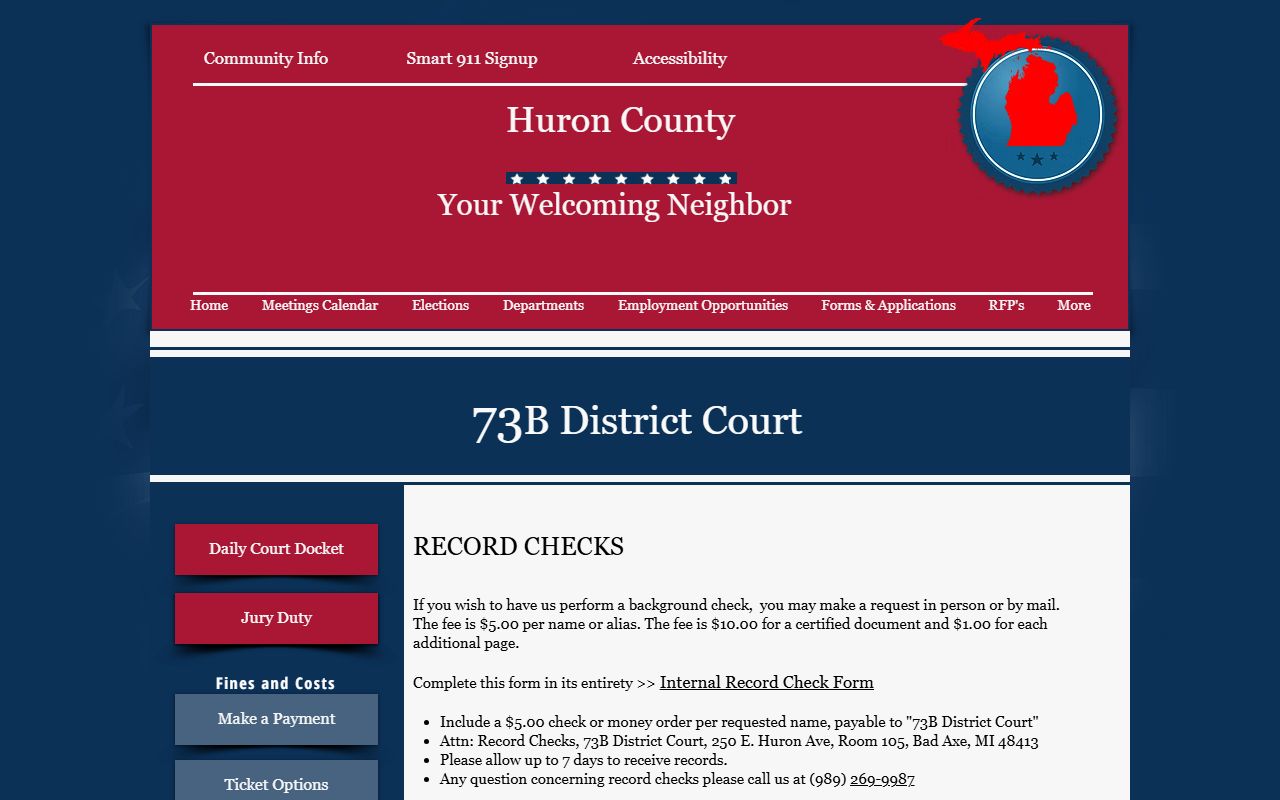 Huron County district court record checks for inmate court records after arrest