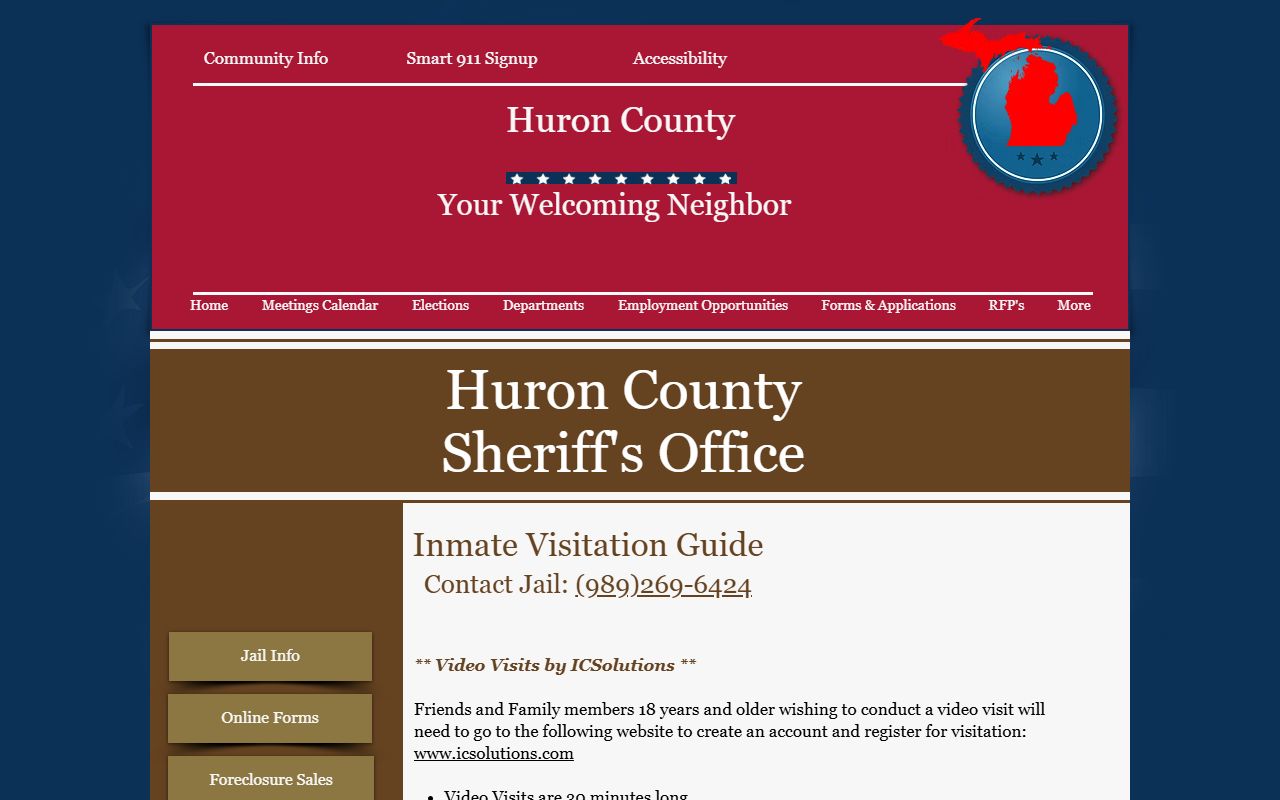 Huron County Jail information page for inmate population and custody search