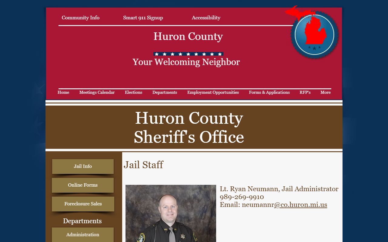 Huron County Jail staff page showing local jail administration and corrections staff